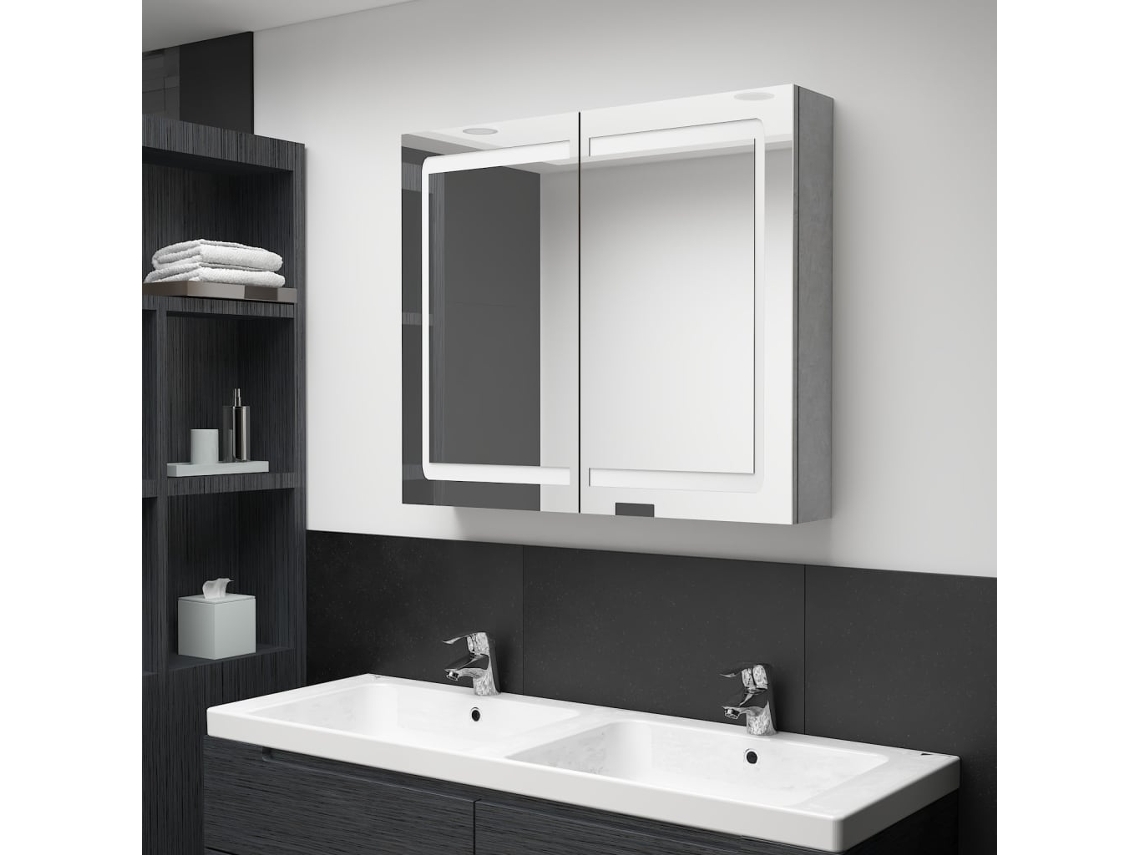 Armario de baño con espejo e iluminación LED, 80x12x68cm, gris cemento.