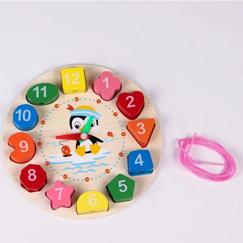 Rompecabezas de bloques de madera con formas geométricas, juguetes Montessori, educación infantil temprana, aprendizaje sobre el tiempo.
