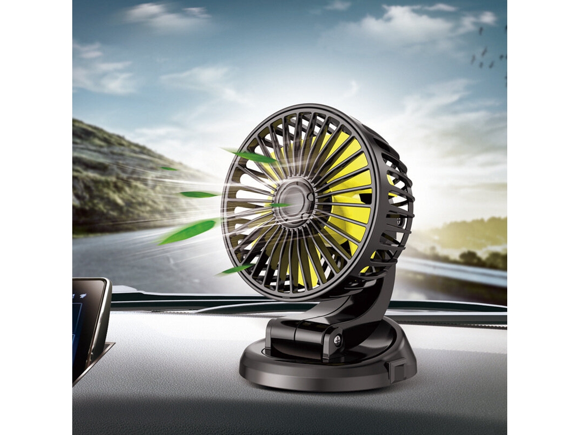 Ventilador de coche de un solo cabezal, 12 V-5 V/12 V/24 V, ajustable 360 grados, 2 velocidades, USB, tamaño mini, cinco aspas, Ve