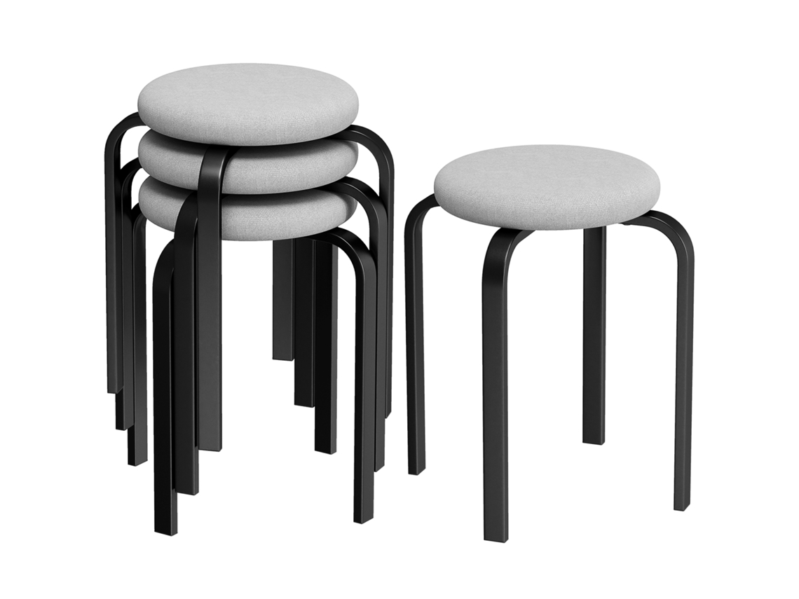 Juego de 4 taburetes de bar tapizados apilables, color gris.