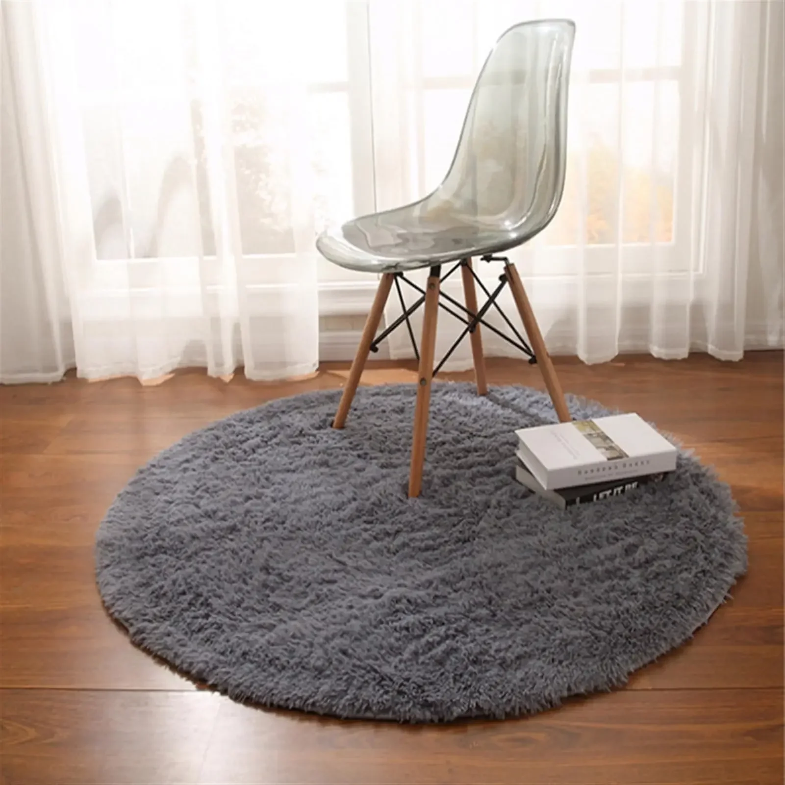 (gris 60x60cm) Alfombra Redonda De Felpa Suave Y Cómoda