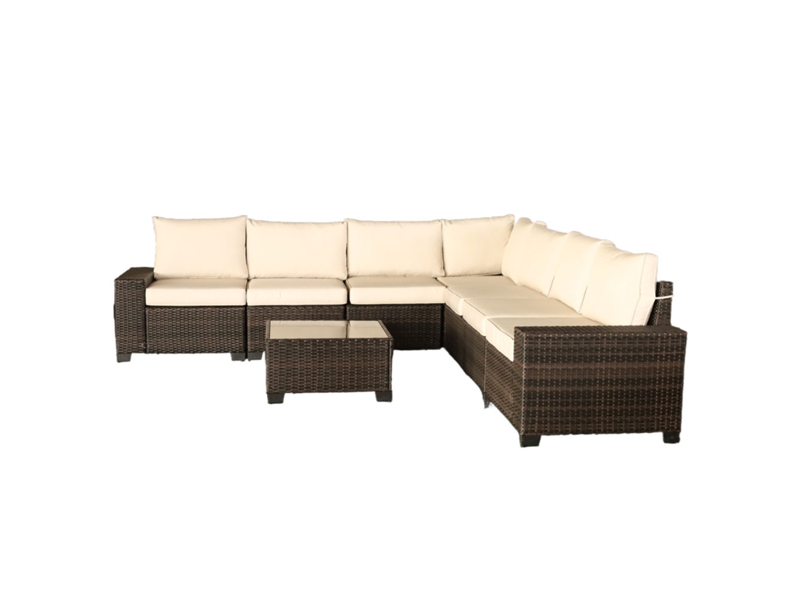 Mueble de Jardín Esquinero Lazaro de 7 Plazas en Resina Trenzada con Mesa Marrón y Beige Concept U
