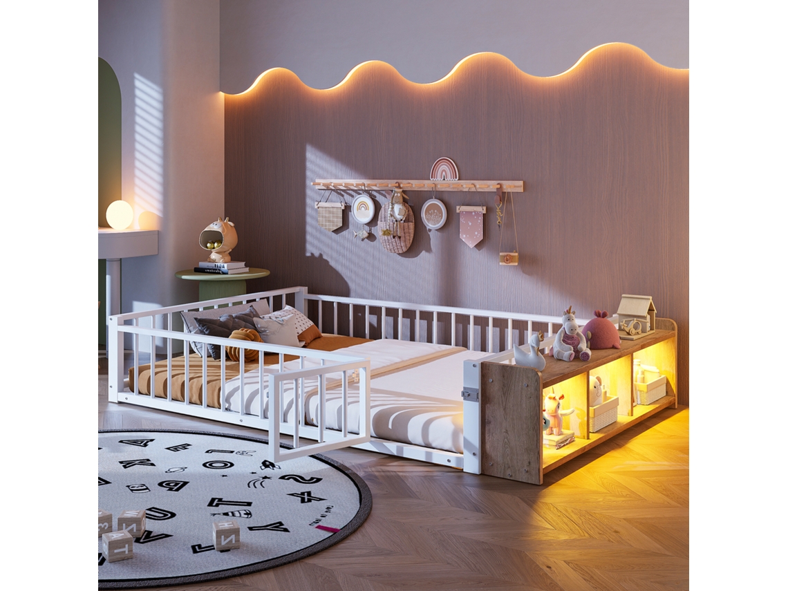 Cama Baja, 140x200 Cm - Estructura Metálica, Con Barandilla De Seguridad, Sin Colchón, Con Compartimentos Y Luces Led - Blanco