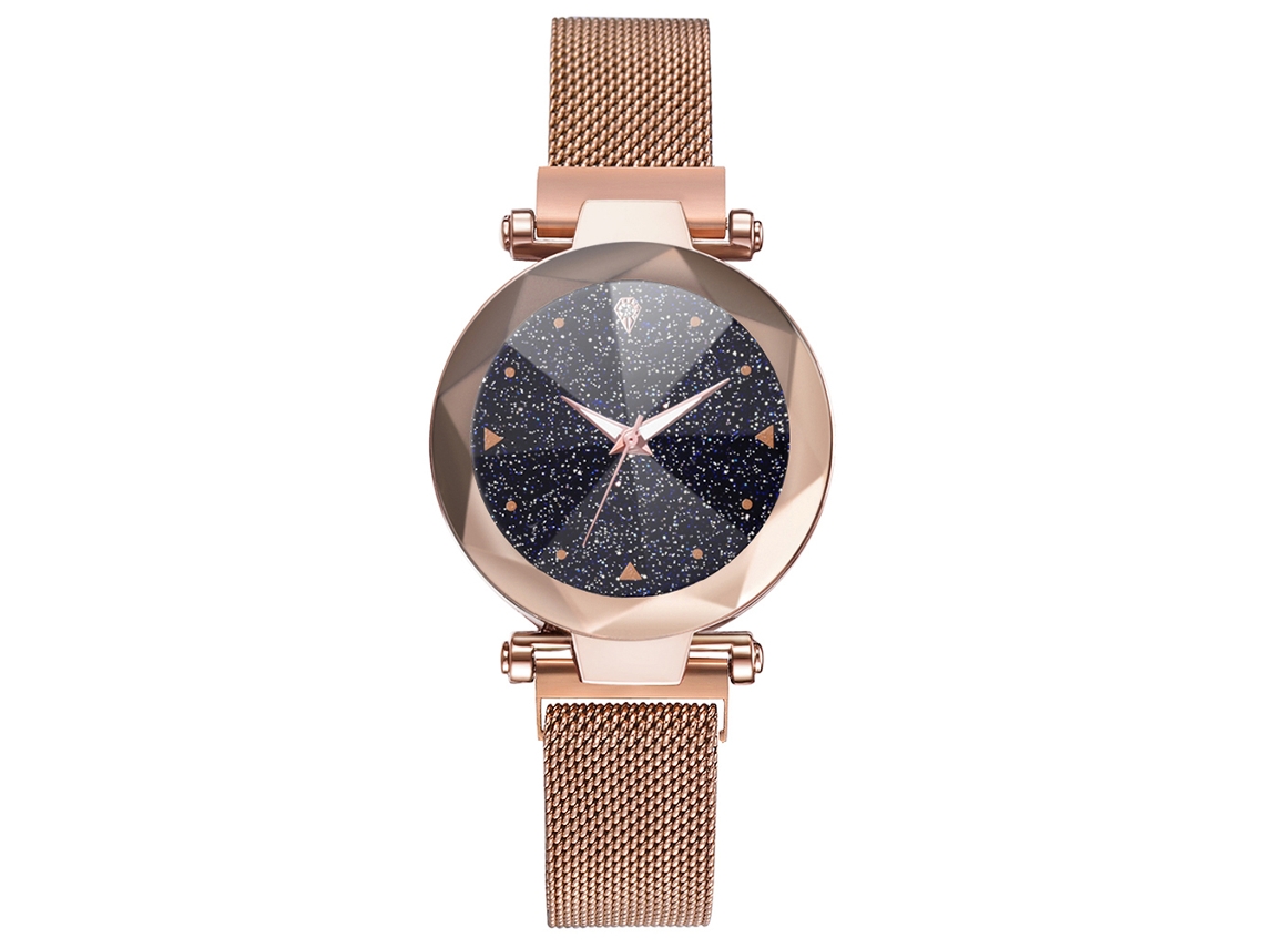 Reloj De Cuarzo Para Mujer Con Correa De Malla Y Botón Magnético, Esfera Redonda, Oro Rosa.