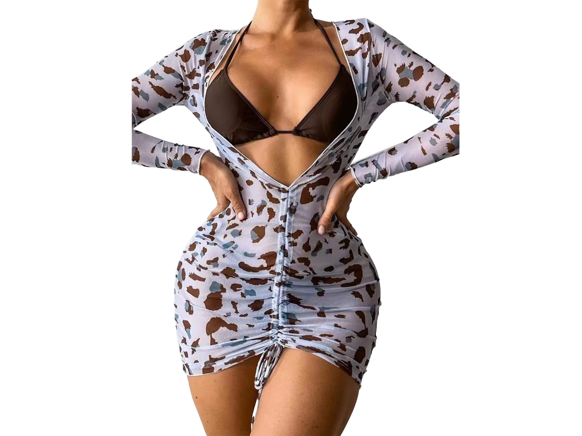 Traje de baño de dos piezas, estampado de leopardo blanco, manga larga.