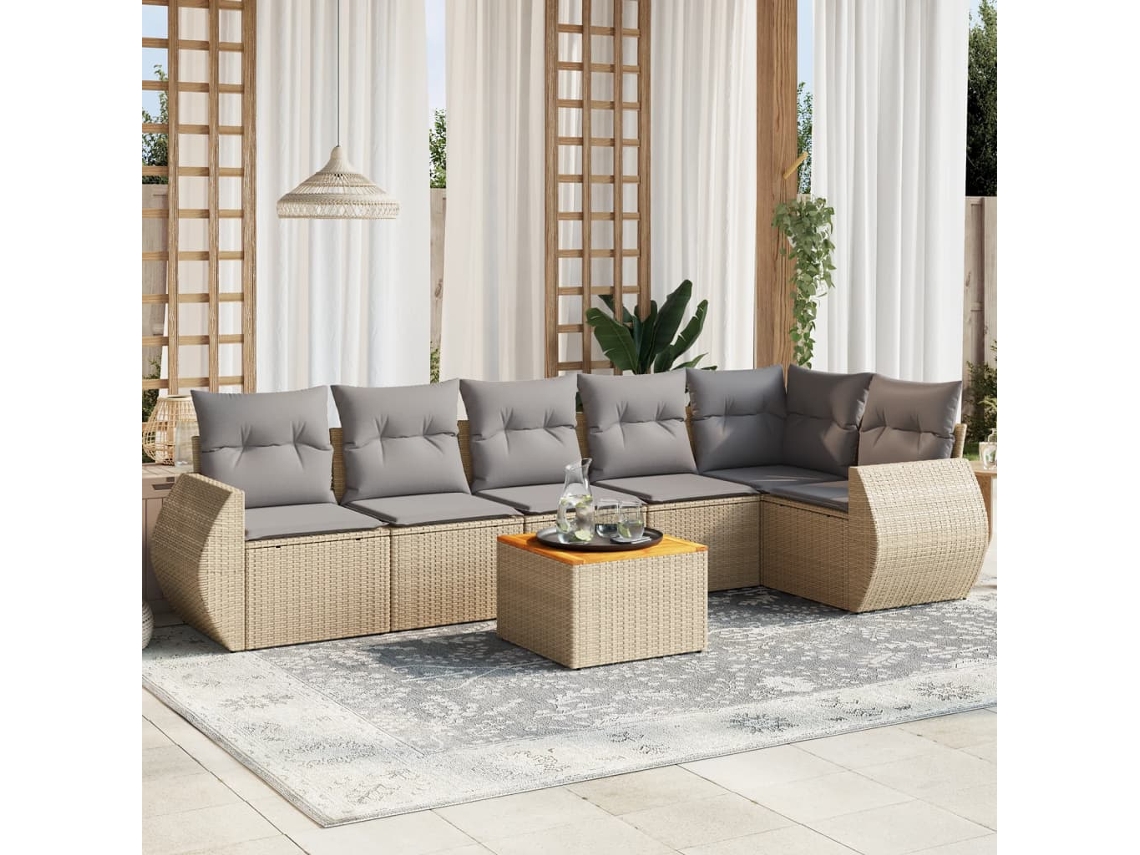 Conjunto de sofá de jardín de 7 piezas con cojines, mimbre sintético beige, Dkd Home Decor