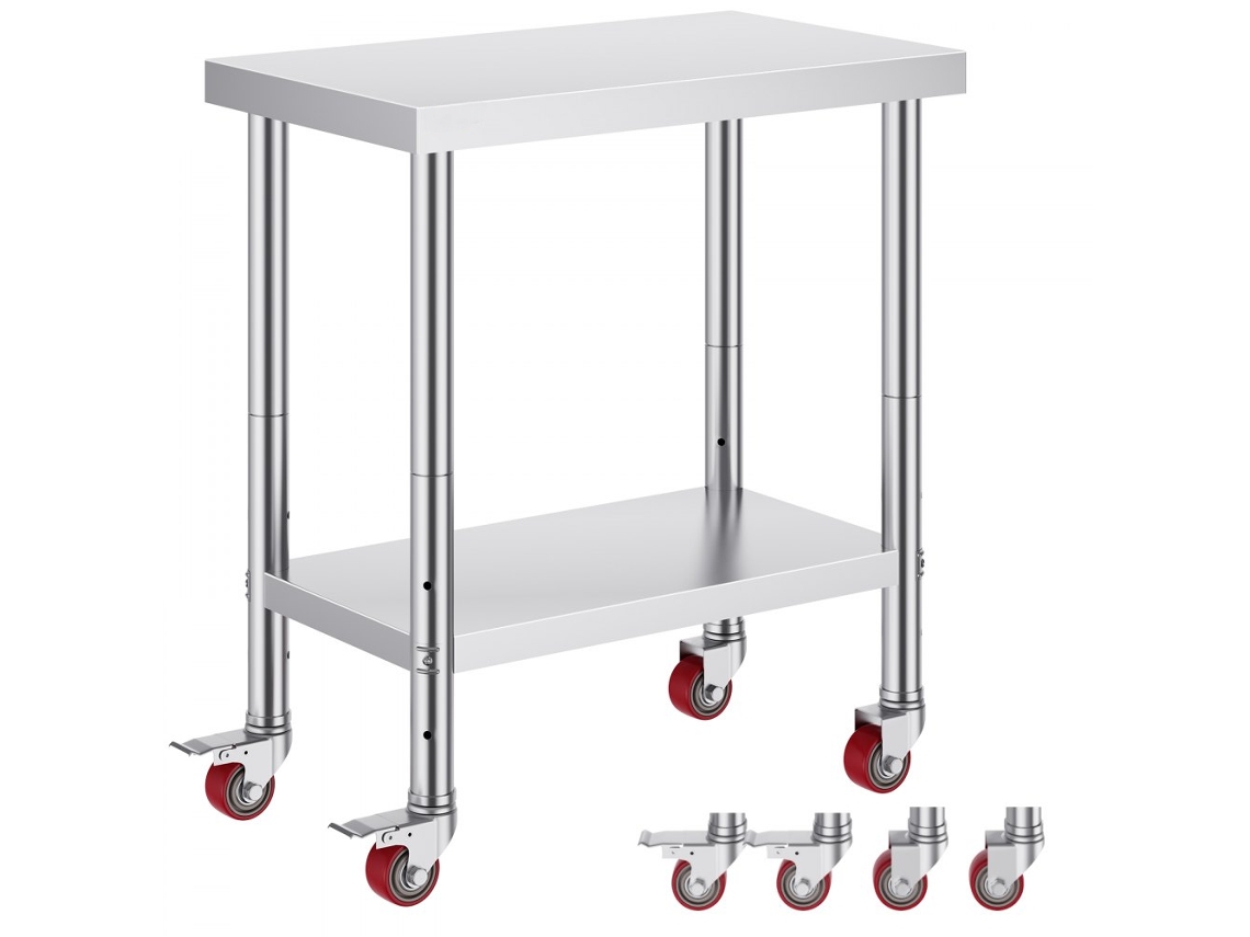 Mesa de trabajo de acero inoxidable con estante ajustable y ruedas Tekmaquinas