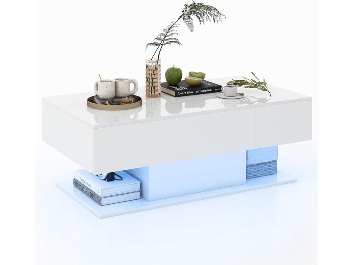 Mesa de Centro con LED Moderna, Decorativa de 2 Niveles con 20 Luces LED de Colores y 2 Cajones de Almacenamiento, Mesa Central Rectangular para Sala COSTWAY