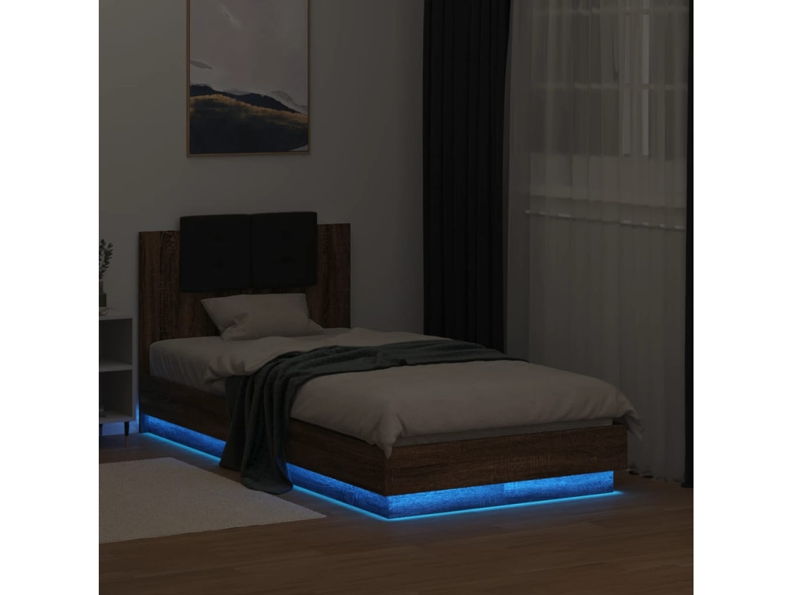 Estructura De Cama Cabecero Luces Led Marrón Roble 75x190 Cm