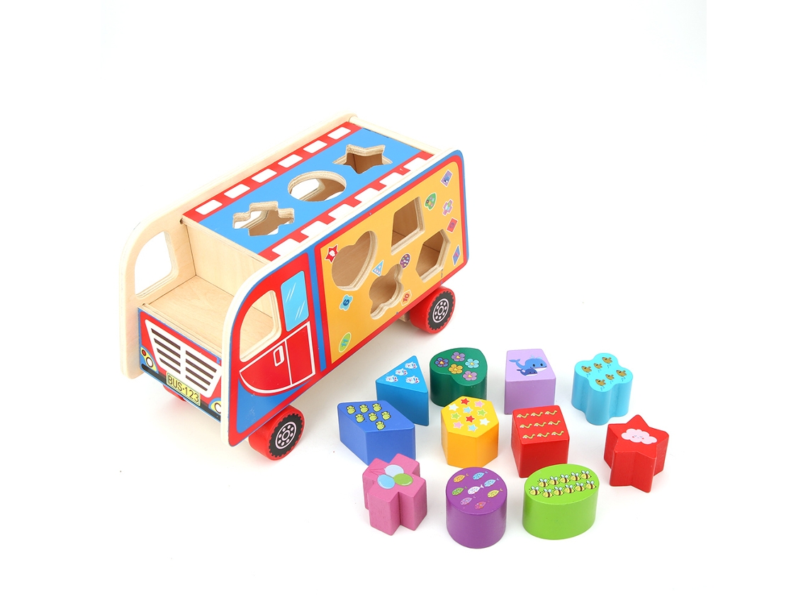 Juguete educativo de madera para niños: bloques de cognición numérica, formas y coche de juguete.