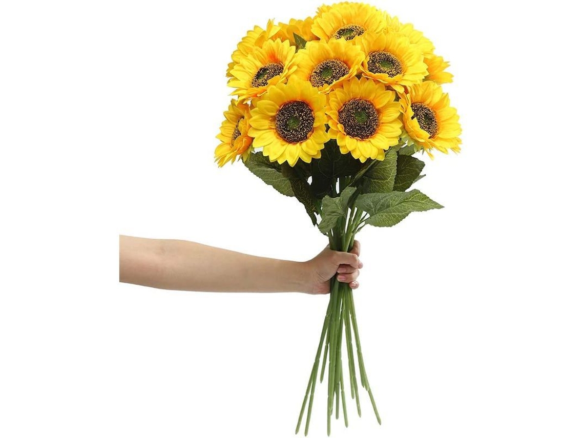 6 Flores Girassóis Artificiais de Cacho Longo Silk Falso Decoração Jardim Casa Casamento Amarelo