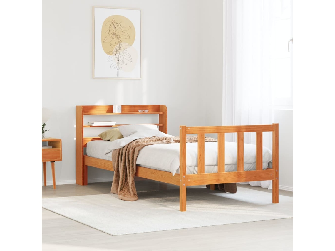Estructura Cama Con Cabecero Madera Pino Marrón Cera 100x200 Cm