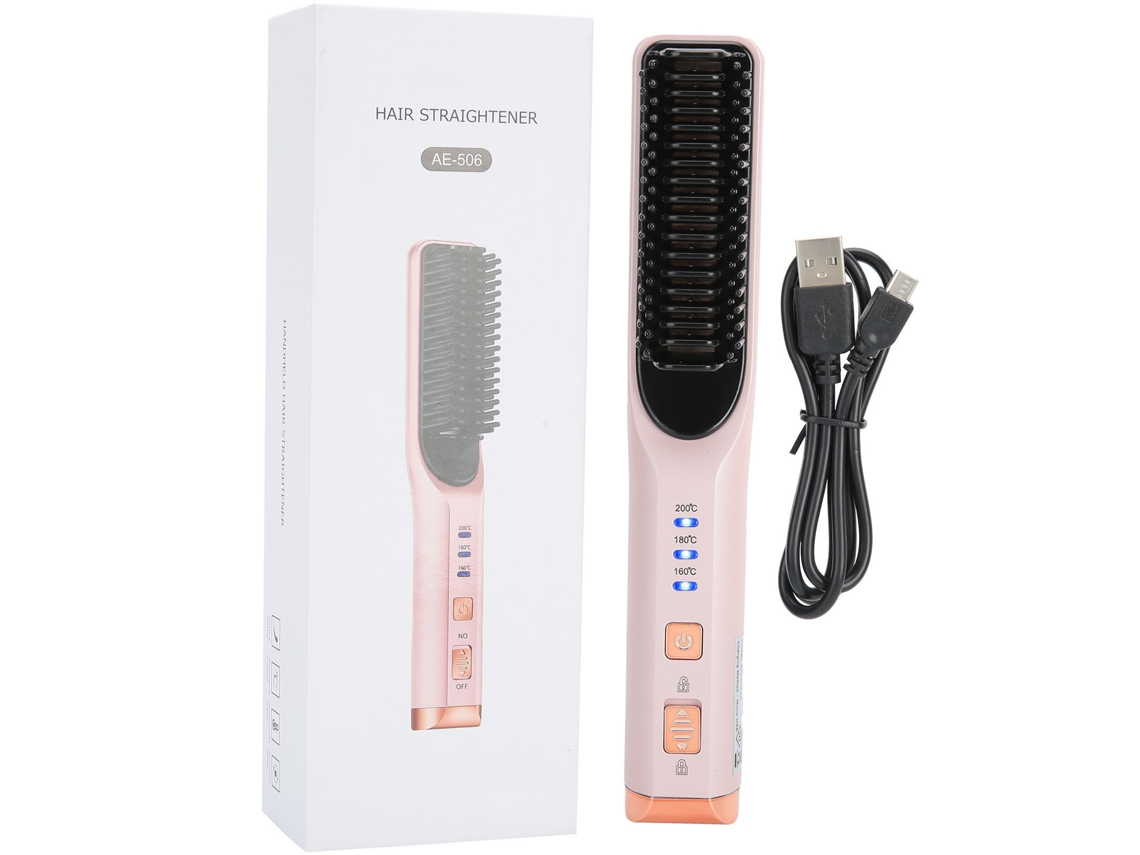 Plancha De Pelo 3 En 1 Cepillo Rizador Usb Power Bank Herramientas De Estilismo De Pelo Rosa