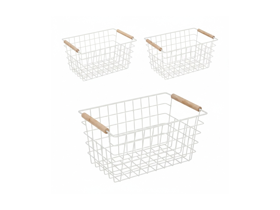 Relaxdays Cestas Metálicas De Rejilla, Set De 3, Asas De Madera, 16 X 31 X 21 Cm, Cuadradas, Baño Y Cocina, Blanco