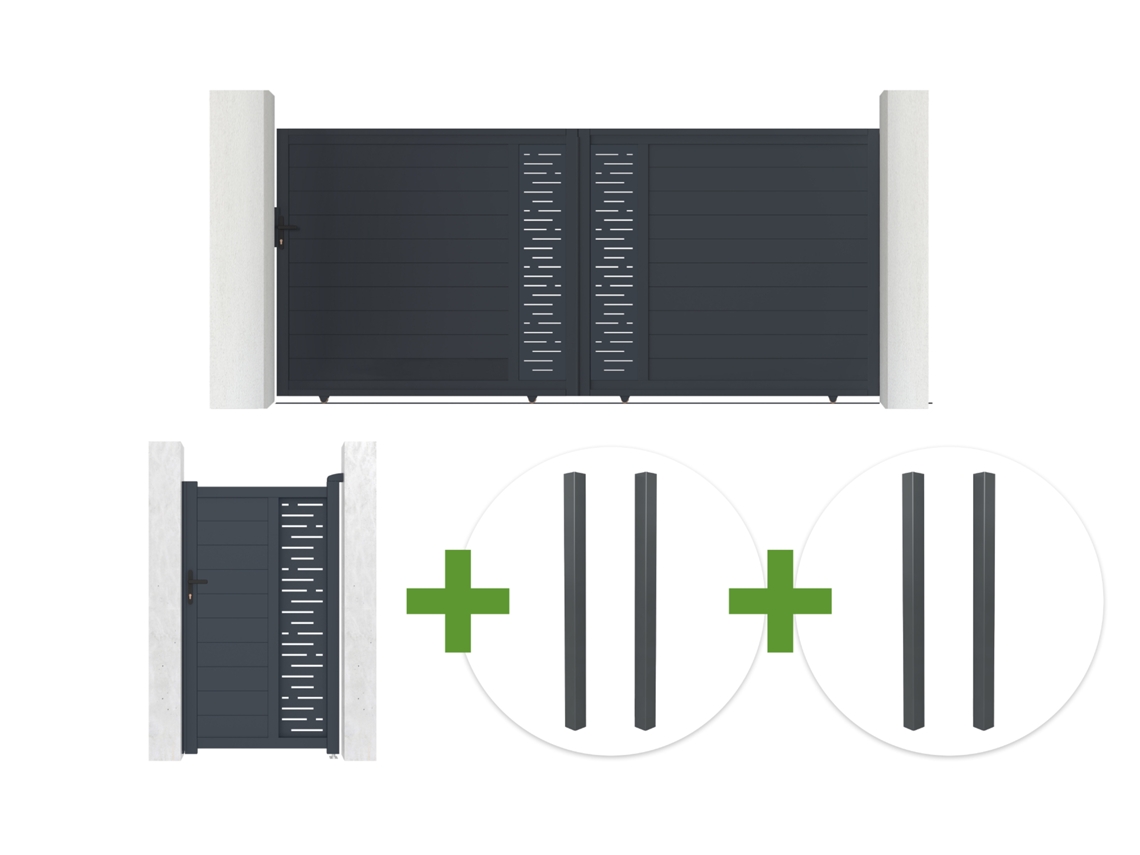 Puerta Corredera 4 M Arlberg Alt. 180 Cm Gris + Puerta Peatonal 1 M Arlberg Alt. 180 Cm Gris + 4 Postes Elda