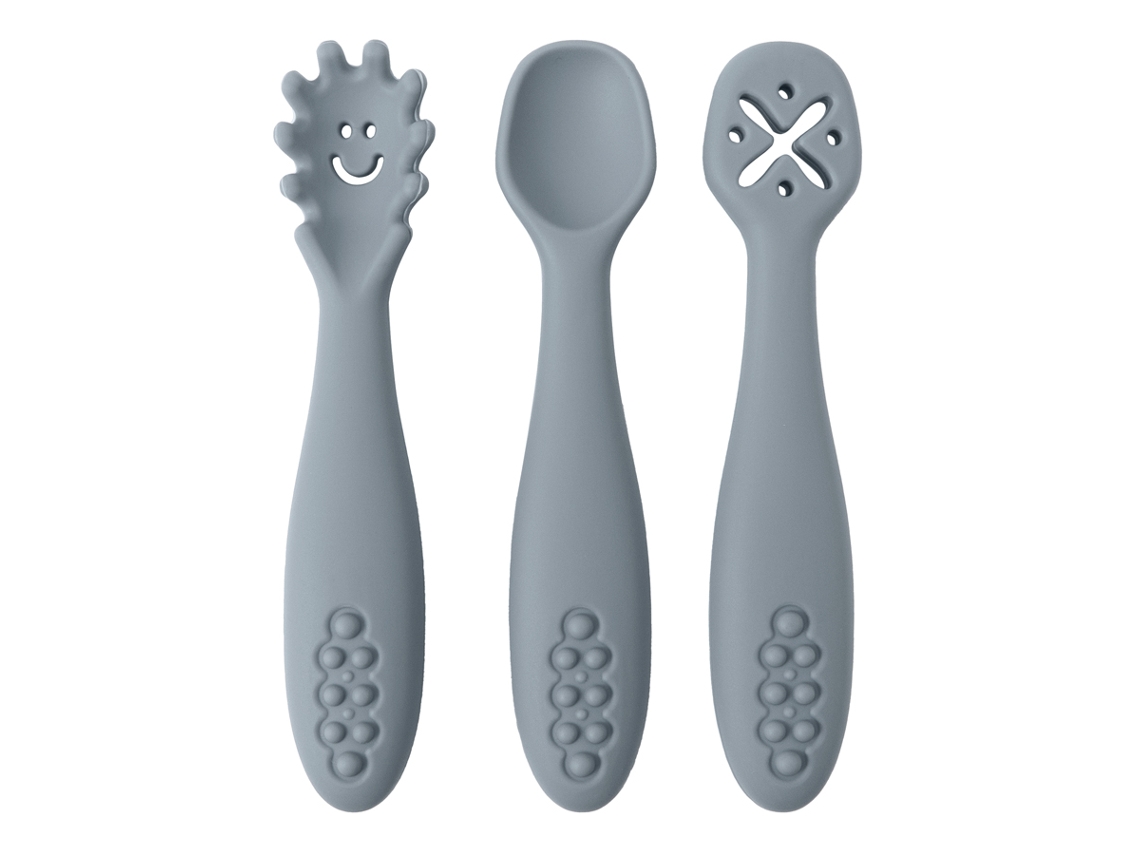 Juego De Vajilla De Silicona Para Bebé De 3 Piezas (color Guijarro), Que Incluye Una Cuchara Y Un Tenedor Suaves.