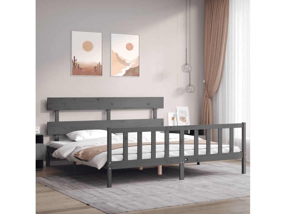 Estructura De Cama Con Cabecero Madera Maciza Gris 200x200 Cm