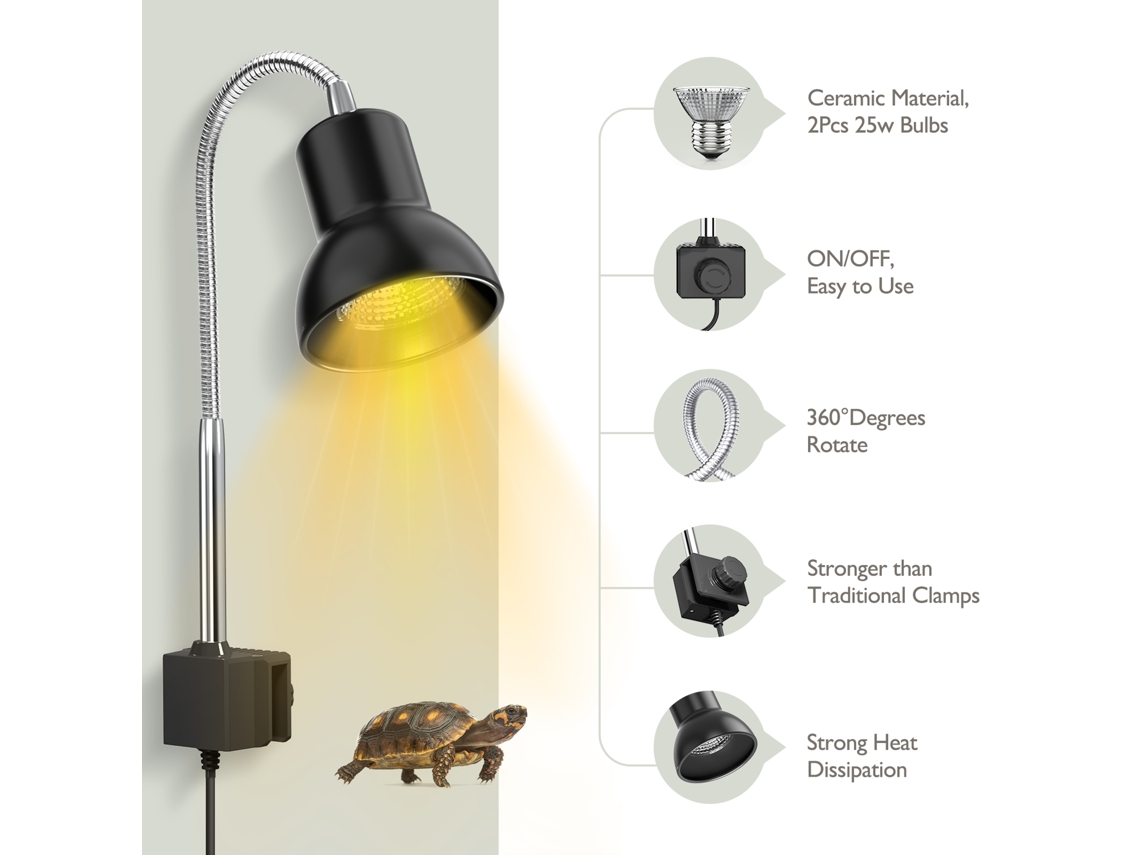 Rebe-lámpara De Calor 25w Con Soporte Uva Uvb Para Reptiles, Lagartos, Tortugas Y Serpientes Con Clip Giratorio 360° Y Adaptador De Energía