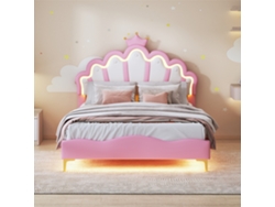 Cama Infantil Para Niña 140x200cm Cama De Princesa Rosa En Forma De Nube Con Corona Y Luces Led, Altura Ajustable, Pu Y Mdf