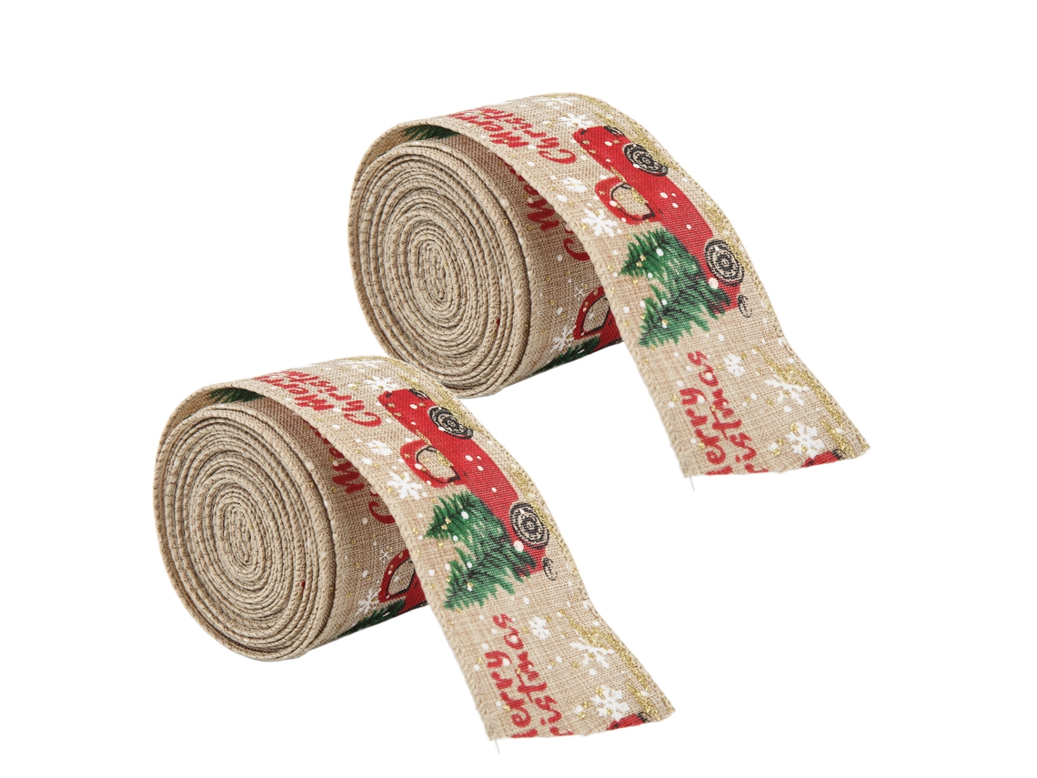 2 Cintas Navideñas Con Estampado De Camión Retro De 5 Metros, Imitación Lino, Para Decoración Y Embalaje.