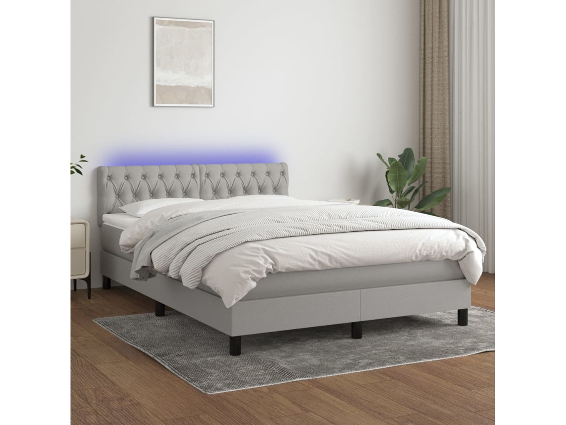 Cama box spring colchón y luces LED tela gris claro 140x200 cm