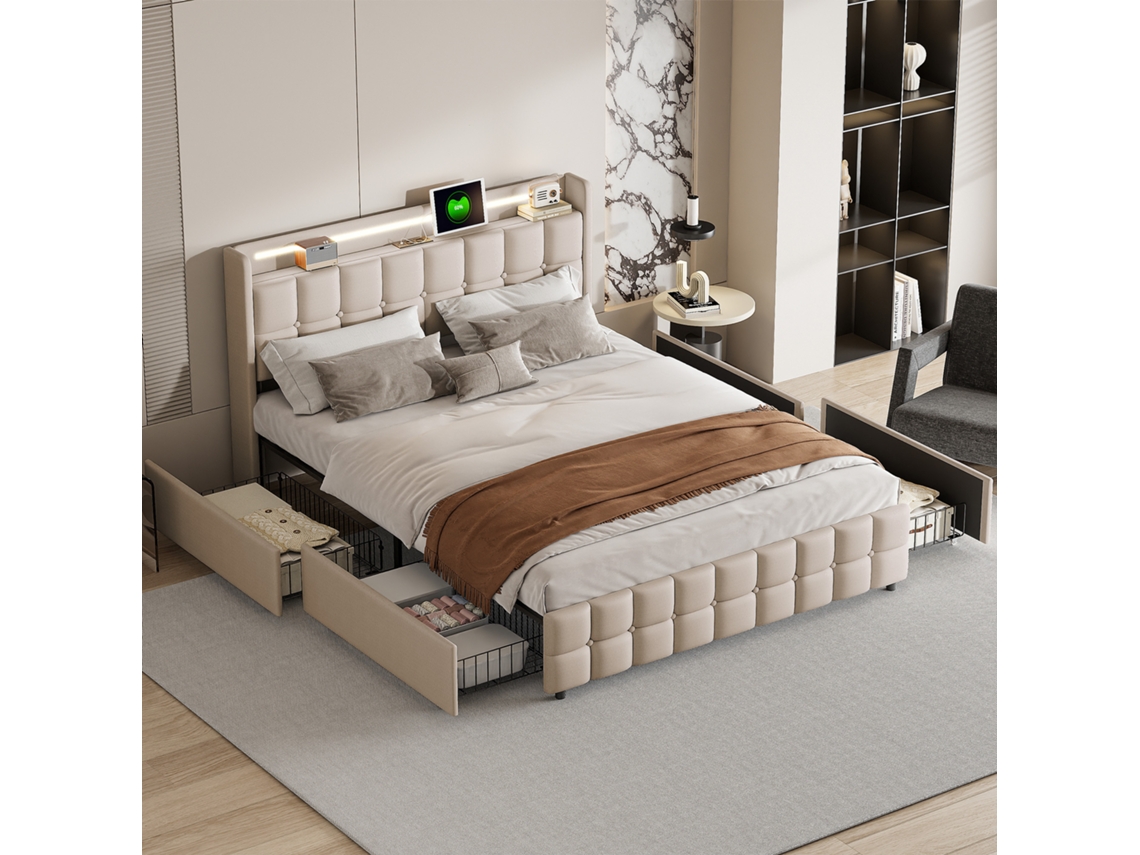 Cama Matrimonial Led 160x200cm Con 4 Cajones Y Usb - Tela De Lino Beige - Almacenaje Inteligente