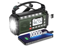 Radio de emergencia portátil AM/FM con carga solar, manivela, USB, pilas AA, linterna, lámpara de lectura y alarma SOS. Viewleaf
