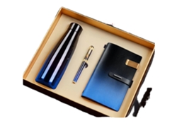 Set de regalo corporativo para clientes/aniversarios. Sfushos (taza térmica azul y negra, bolígrafo y bloc de notas)