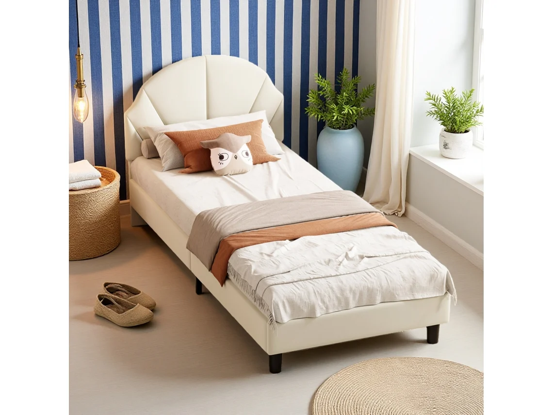 Cama Infantil 90x200 Cm Individual Beige Terciopelo Con Cabecero Regulable Cama Para Niño Moderna Y Segura De 3-12 Años Cama Sencilla Fácil De Montar