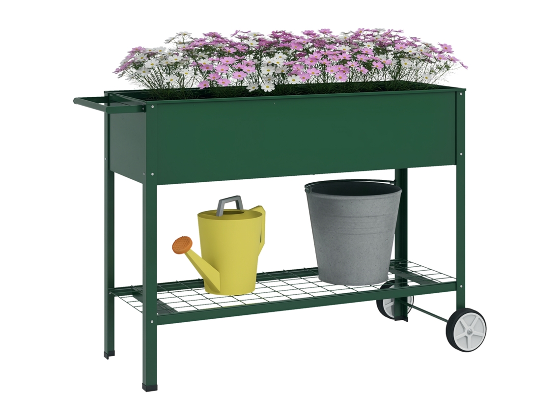 Macetero elevado con 1 estante y 2 ruedas, 109x44x80cm, verde