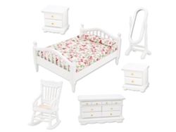 Muebles Miniatura Para Casa De Muñecas, Cama Doble Espejo Mesita Silla Armario Accesorios 6pcs/set