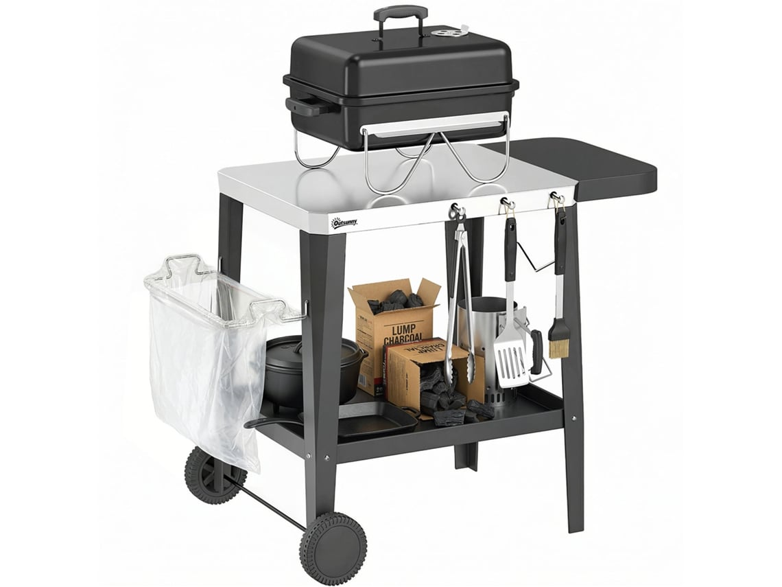 Carrito de cocina con ruedas de acero inoxidable, ganchos, soporte para papel higiénico y cubo de basura, 115 x 67,5 x 80,5 cm, negro.