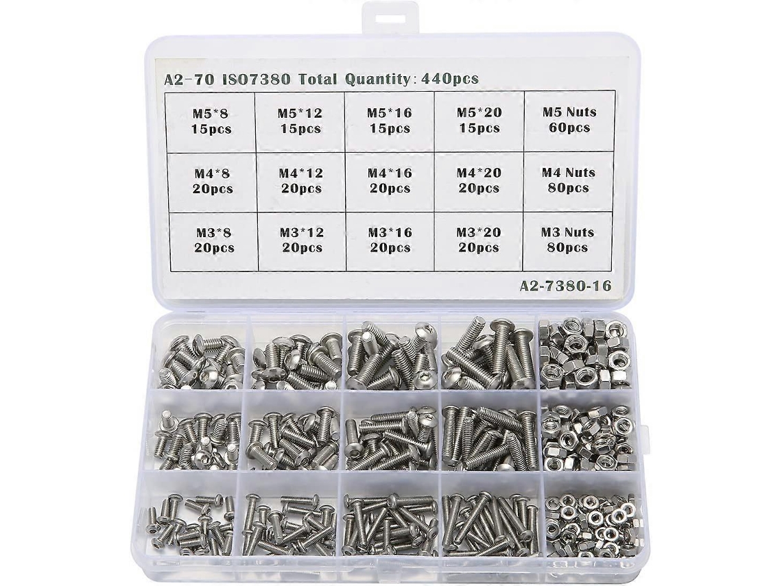 Kit 440 Piezas Tornillos De Acero Inoxidable M3 M4 M5 Con Tuercas Hexagonales De Cabeza Redonda En Caja Transparente