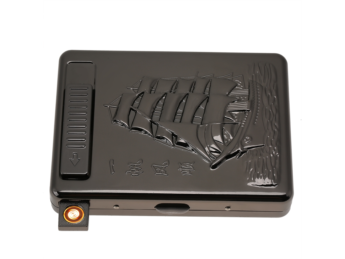 Estuche metálico 2 en 1 para cigarrillos con encendedor eléctrico recargable por USB - Negro