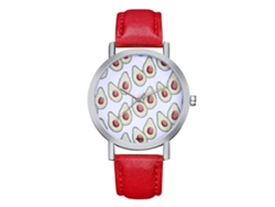 Reloj De Cuarzo Para Mujer Con Correa De Piel Sintética, Caja Plateada Y Esfera Roja Con Diseño De Frutas.