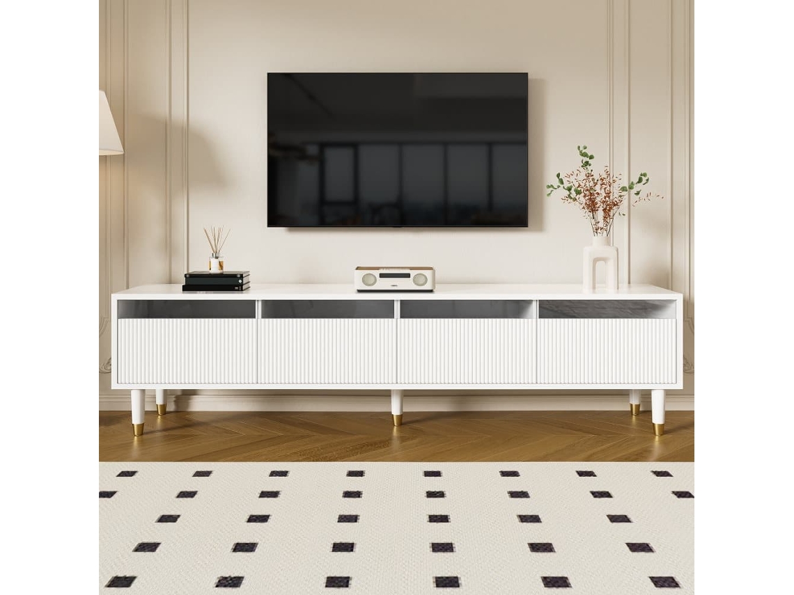 Mueble Tv Moderno 178 Cm - Diseño Minimalista, Gran Capacidad, 4 Cajones, Mdf Acrílico - Blanco