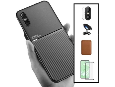 Kit Funda Magnetic Lux, Magnetic Wallet Márron, 5D Full Cover, Protector de Cámara Trasera y Soporte Magnético de Coche Xiaomi Redmi 9A Sport PHONE...