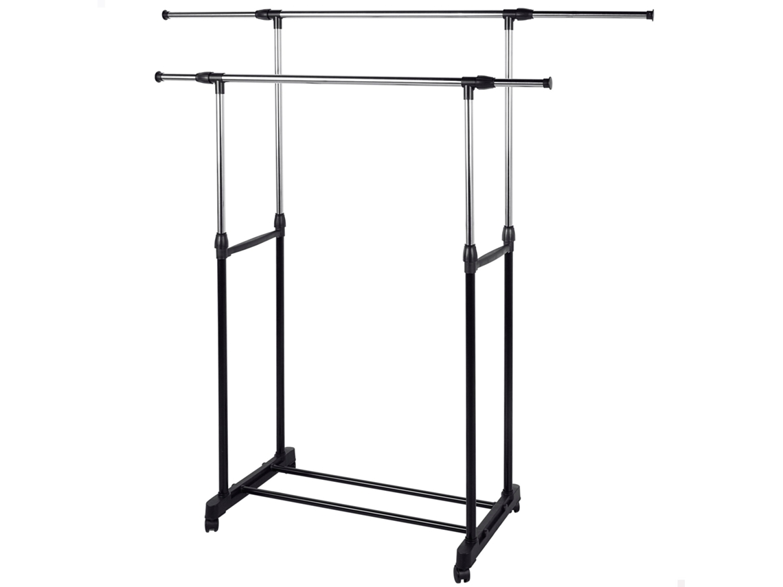 Perchero Max Home de doble barra, ajustable en longitud y altura, con ruedas y barra inferior para colgar ropa.