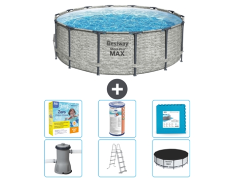 Piscina BESTWAY Round Steel Pro MAX - Estampado Piedra - 427 x 122 cm - Incluye Bomba - Escalera - Cobertor Accesorios CB34