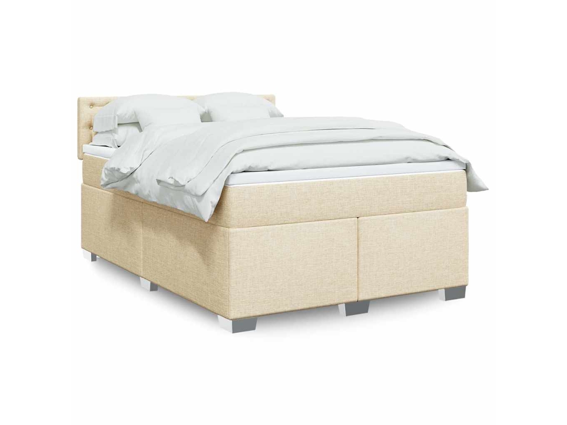 Cama Box Spring Con Colchón Tela Color Crema 140x190 Cm
