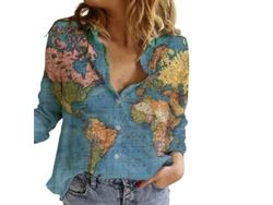 2026-blusa Manga Larga Para Mujer Con Estampado De Mapa Mundial Cuello Solapa Casual Verano Algodón