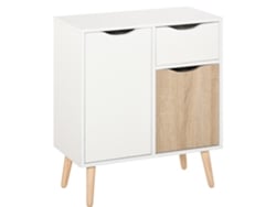 Mueble Aparador De Diseño Escandinavo Con 2 Cajones Deslizantes, Color Blanco Y Madera De Roble Claro.