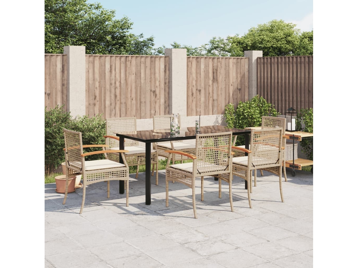 Juego de comedor de jardín de 7 piezas con cojines, mimbre sintético beige, DKD Home Decor