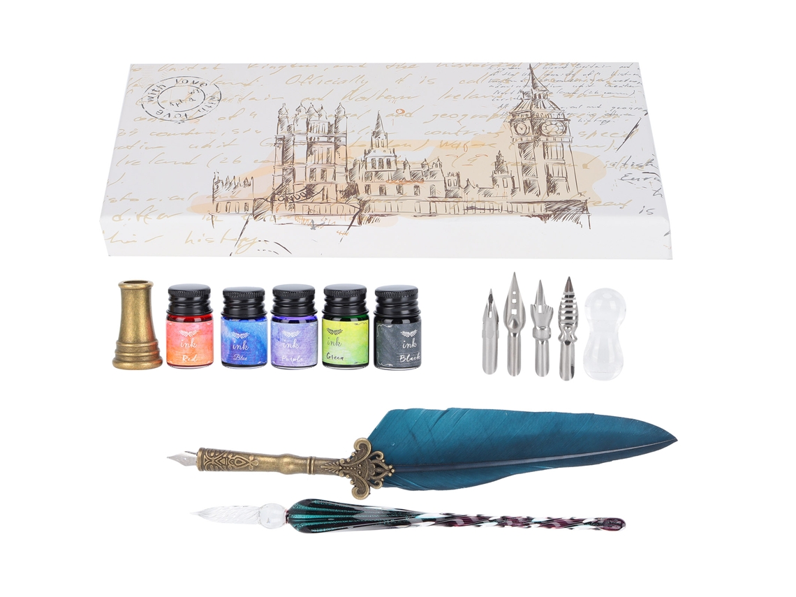 Pluma De Caligrafía Con Plumilla Y Estuche De Regalo De Cristal Con Tinta Y Puntas Sp118033 Azul Marino