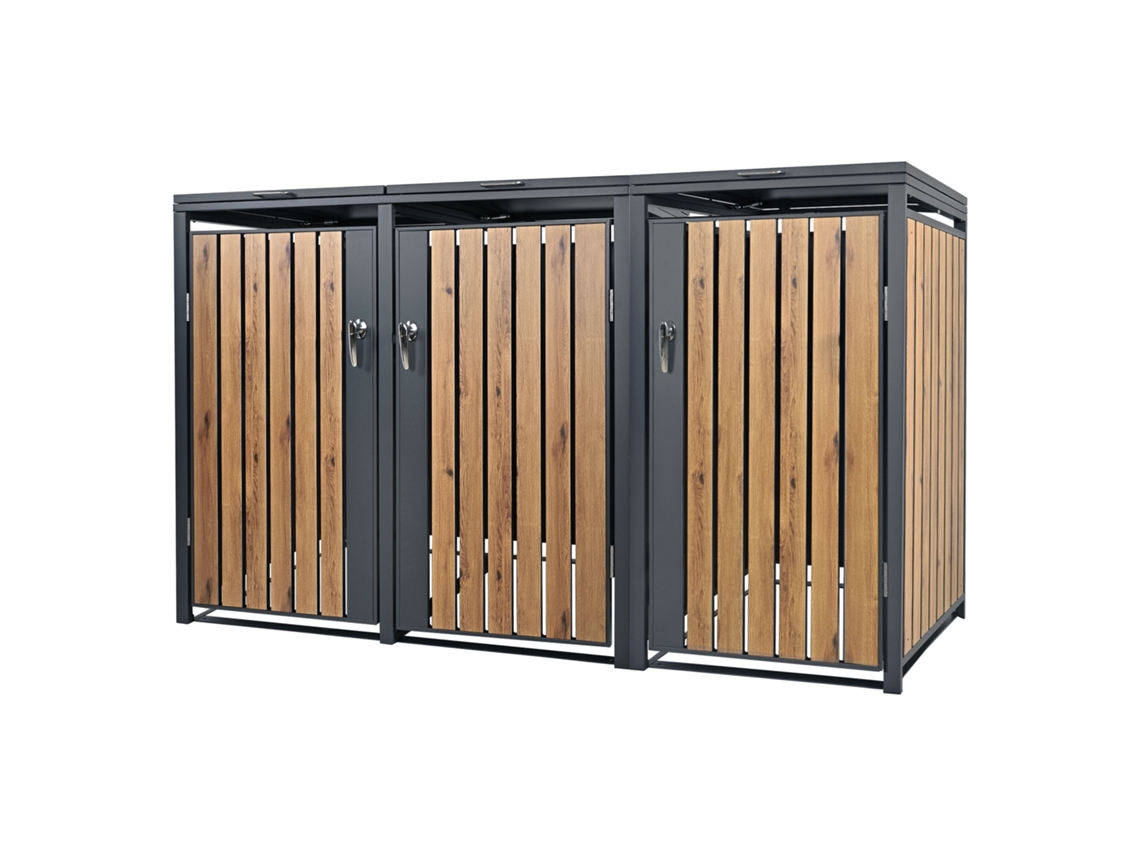 Cobertizo de exterior ML-Design para 3 cubos de basura 240L acero antracita aspecto roble