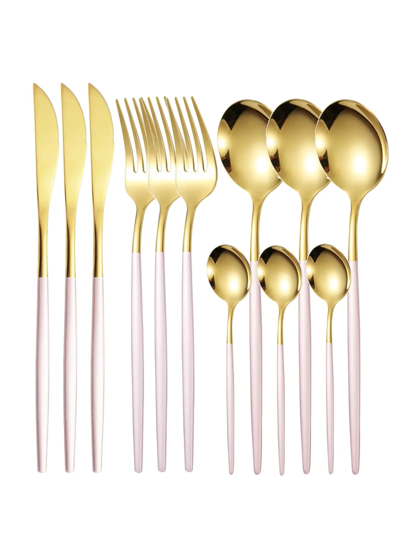Juego de 12 piezas, oro y oro rosa. Cubiertos finos de acero inoxidable, que incluyen cuchillo y tenedor para carne, cuchara de postre y cuchara de café. MDUG