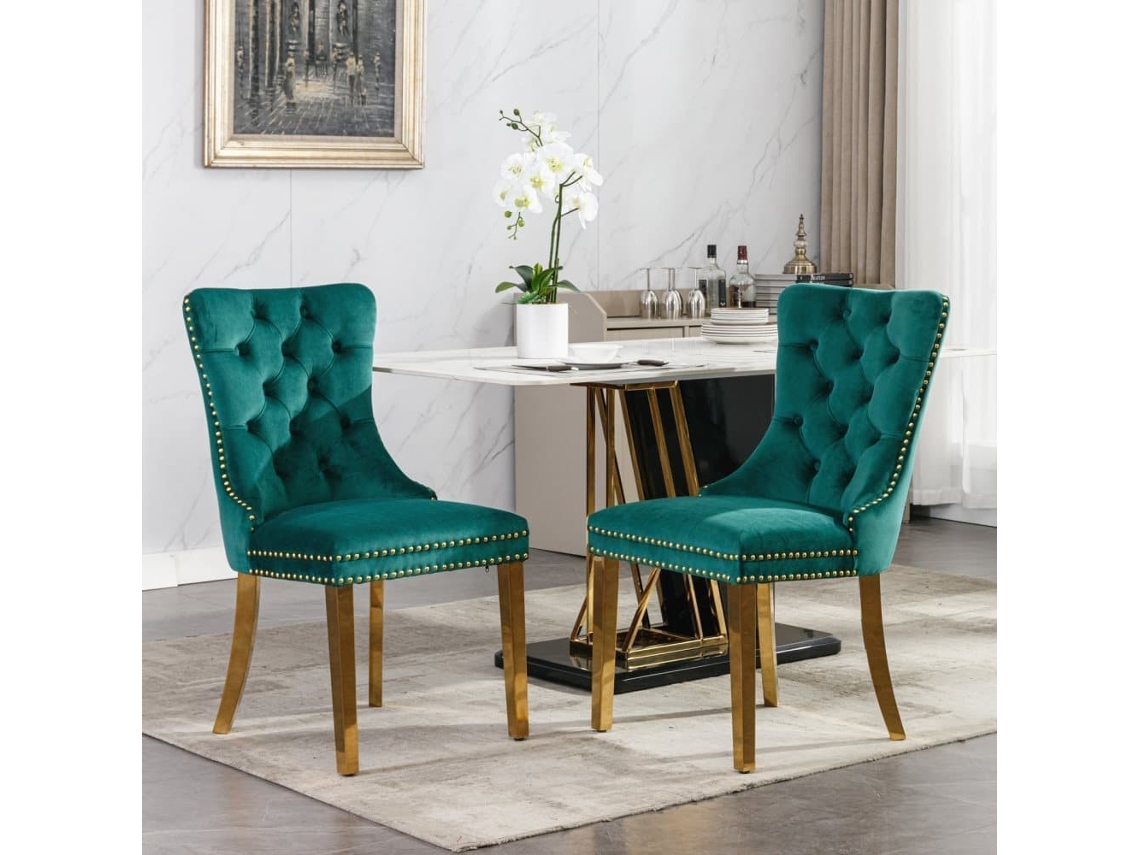 Silla De Comedor 2 Unidades - Tapizada Terciopelo, Patas Acero Dorado, Capitoné - Verde