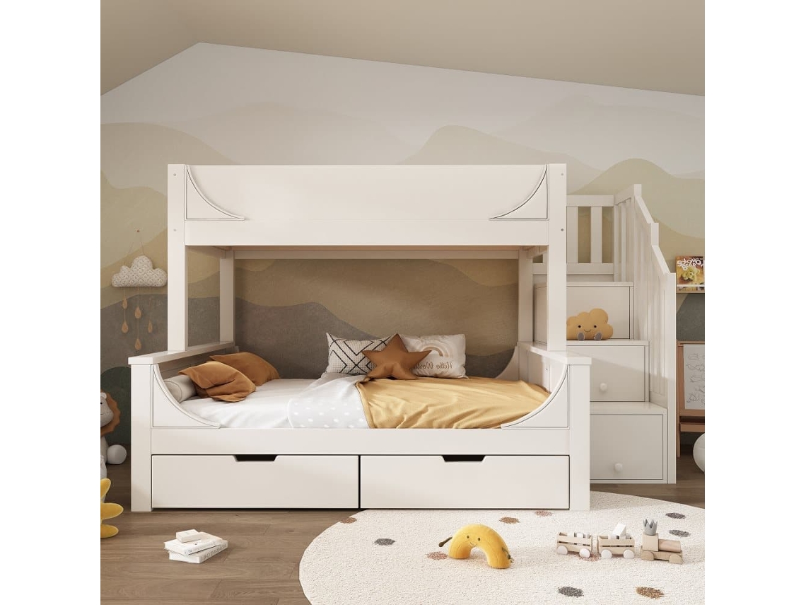 Cama Litera 90x200cm 140x200cm - Diseño Elegante Con Escaleras, Protección Contra Caídas, Blanco