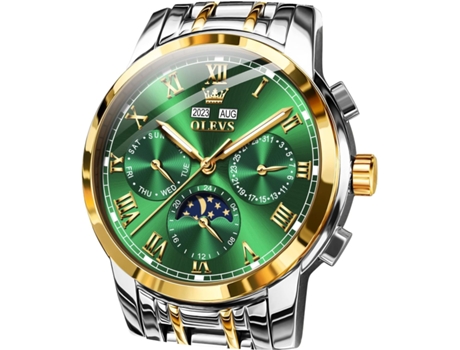 VEANXIN Reloj mecánico automático para hombre, de acero inoxidable, con fase lunar, resistente al agua, luminoso, con calendario(Verde)