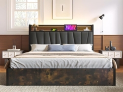 Cama Almacenaje Tela Lino 140x200 Cm - Led, Puertos Carga, Somier - Gris